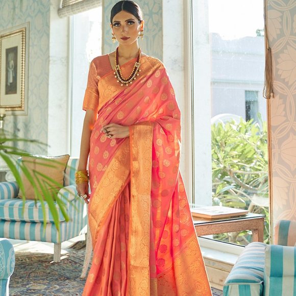 JHEAPS CORAL PINK ZARI WOVEN BANARASI HANDLOOM SILK SAREE - Picture 1 of 3